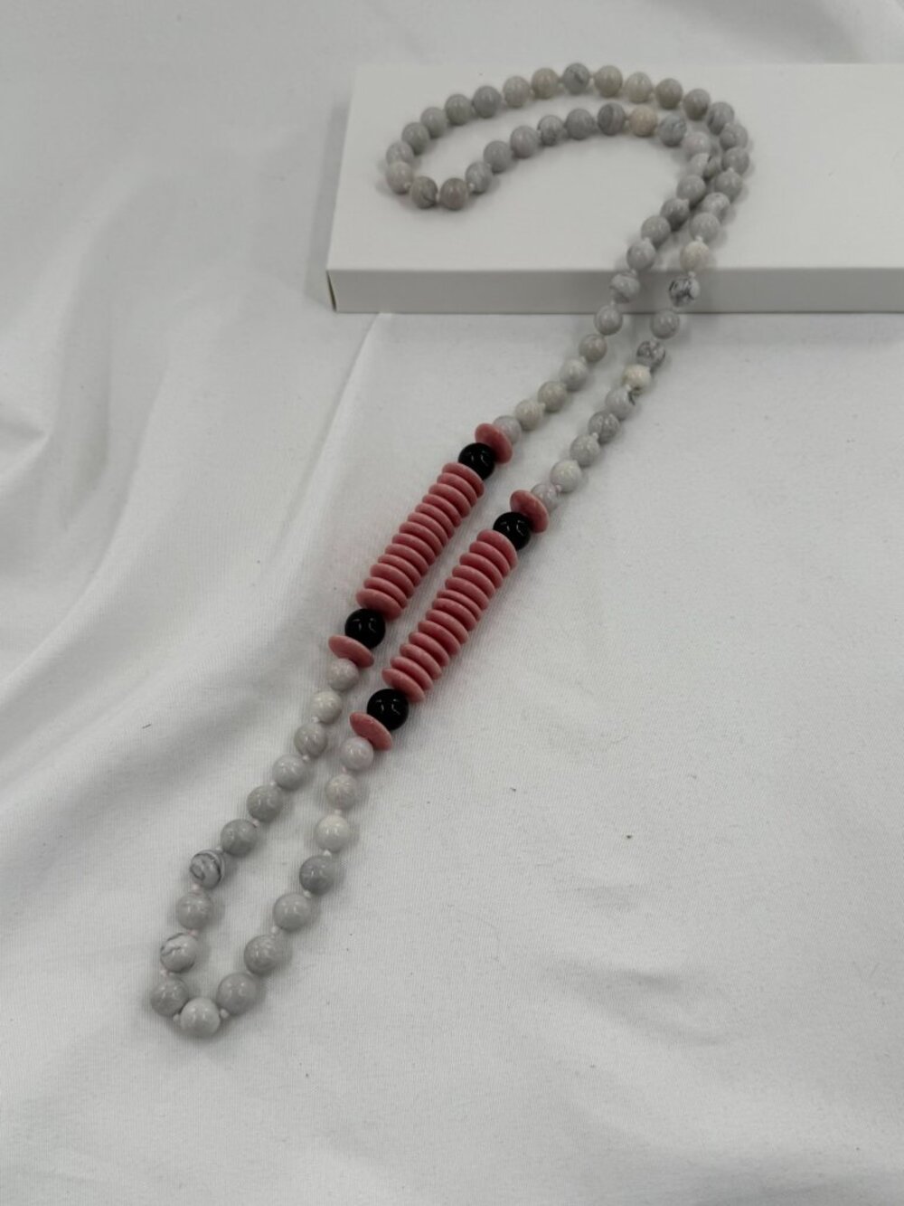 Pink, Black, & White Stone Beaded Necklace 29 Inches long